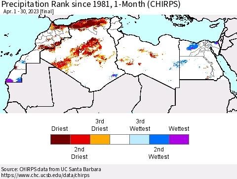 North Africa Precipitation Rank since 1981, 1-Month (CHIRPS) Thematic Map For 4/1/2023 - 4/30/2023