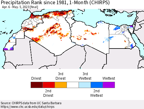 North Africa Precipitation Rank since 1981, 1-Month (CHIRPS) Thematic Map For 4/6/2023 - 5/5/2023