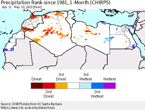 North Africa Precipitation Rank since 1981, 1-Month (CHIRPS) Thematic Map For 4/11/2023 - 5/10/2023