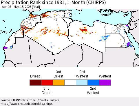 North Africa Precipitation Rank since 1981, 1-Month (CHIRPS) Thematic Map For 4/16/2023 - 5/15/2023