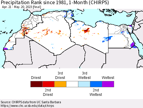 North Africa Precipitation Rank since 1981, 1-Month (CHIRPS) Thematic Map For 4/21/2023 - 5/20/2023