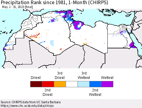 North Africa Precipitation Rank since 1981, 1-Month (CHIRPS) Thematic Map For 5/1/2023 - 5/31/2023