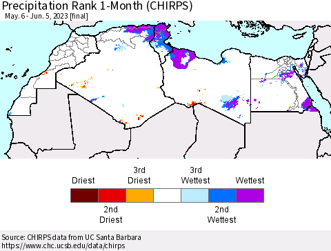 North Africa Precipitation Rank since 1981, 1-Month (CHIRPS) Thematic Map For 5/6/2023 - 6/5/2023