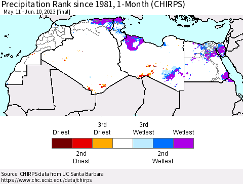 North Africa Precipitation Rank since 1981, 1-Month (CHIRPS) Thematic Map For 5/11/2023 - 6/10/2023