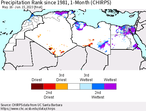 North Africa Precipitation Rank since 1981, 1-Month (CHIRPS) Thematic Map For 5/16/2023 - 6/15/2023