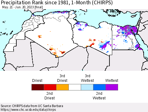North Africa Precipitation Rank since 1981, 1-Month (CHIRPS) Thematic Map For 5/21/2023 - 6/20/2023