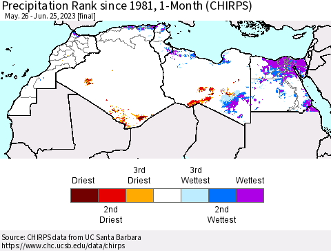 North Africa Precipitation Rank since 1981, 1-Month (CHIRPS) Thematic Map For 5/26/2023 - 6/25/2023