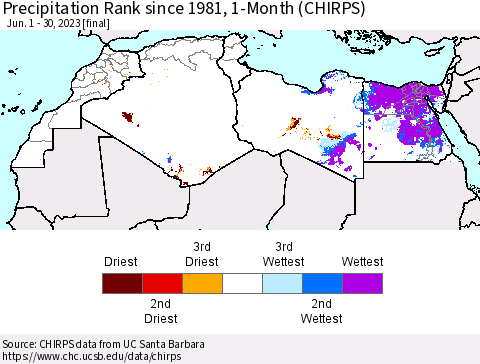 North Africa Precipitation Rank since 1981, 1-Month (CHIRPS) Thematic Map For 6/1/2023 - 6/30/2023