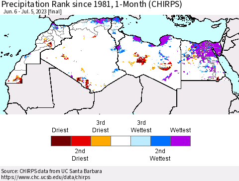 North Africa Precipitation Rank since 1981, 1-Month (CHIRPS) Thematic Map For 6/6/2023 - 7/5/2023