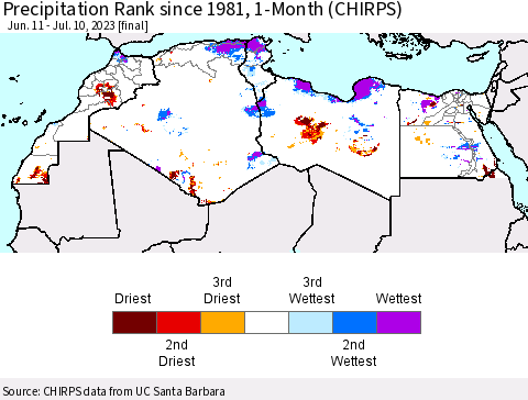 North Africa Precipitation Rank since 1981, 1-Month (CHIRPS) Thematic Map For 6/11/2023 - 7/10/2023