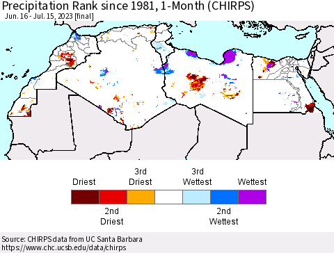 North Africa Precipitation Rank since 1981, 1-Month (CHIRPS) Thematic Map For 6/16/2023 - 7/15/2023