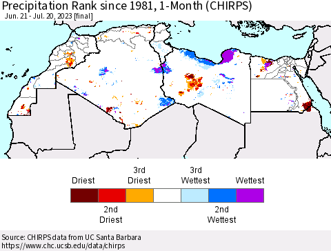 North Africa Precipitation Rank since 1981, 1-Month (CHIRPS) Thematic Map For 6/21/2023 - 7/20/2023