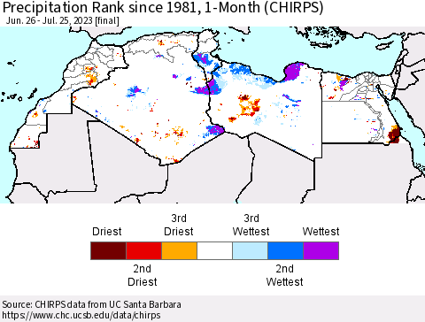 North Africa Precipitation Rank since 1981, 1-Month (CHIRPS) Thematic Map For 6/26/2023 - 7/25/2023