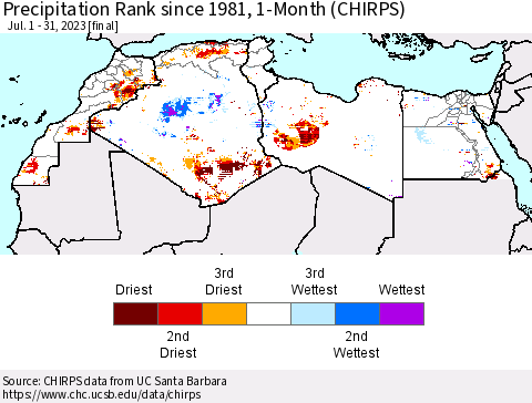North Africa Precipitation Rank since 1981, 1-Month (CHIRPS) Thematic Map For 7/1/2023 - 7/31/2023