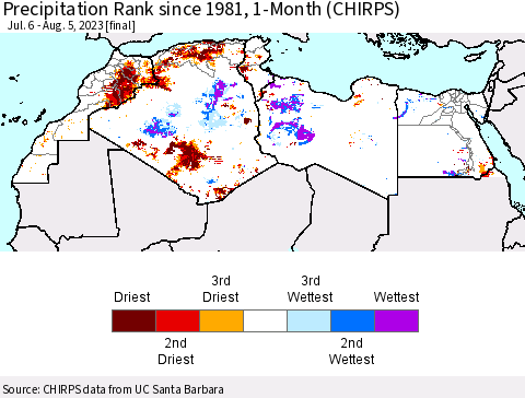 North Africa Precipitation Rank since 1981, 1-Month (CHIRPS) Thematic Map For 7/6/2023 - 8/5/2023