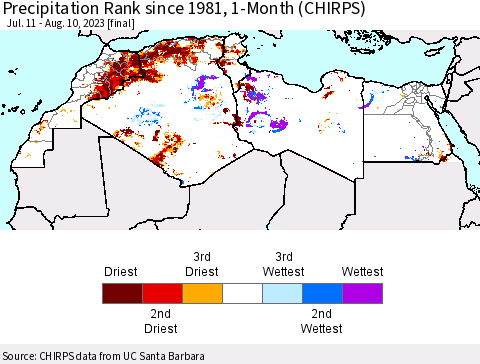 North Africa Precipitation Rank since 1981, 1-Month (CHIRPS) Thematic Map For 7/11/2023 - 8/10/2023