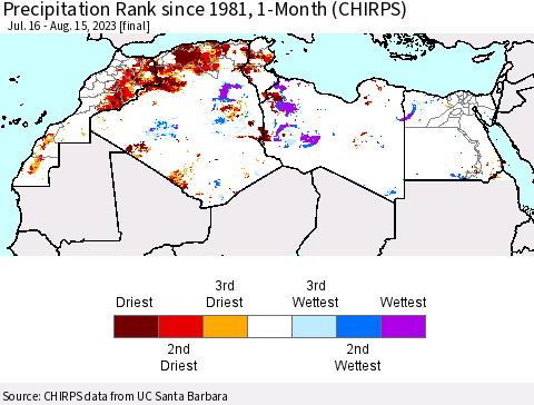 North Africa Precipitation Rank since 1981, 1-Month (CHIRPS) Thematic Map For 7/16/2023 - 8/15/2023