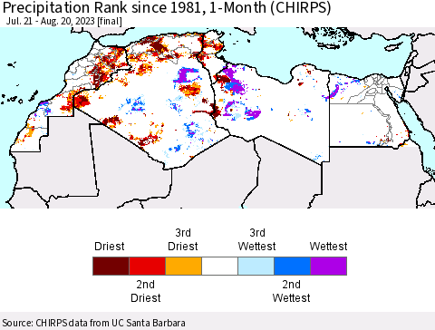North Africa Precipitation Rank since 1981, 1-Month (CHIRPS) Thematic Map For 7/21/2023 - 8/20/2023