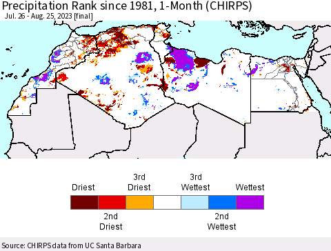 North Africa Precipitation Rank since 1981, 1-Month (CHIRPS) Thematic Map For 7/26/2023 - 8/25/2023