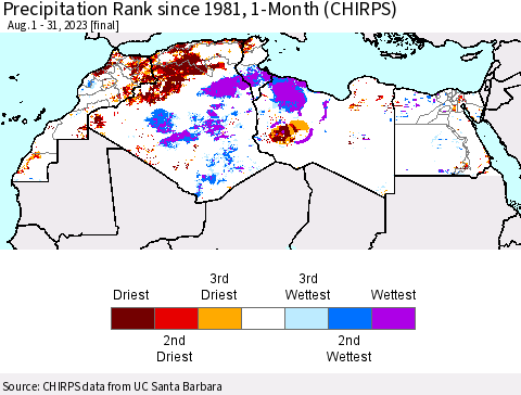 North Africa Precipitation Rank since 1981, 1-Month (CHIRPS) Thematic Map For 8/1/2023 - 8/31/2023