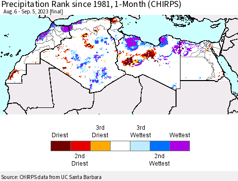 North Africa Precipitation Rank since 1981, 1-Month (CHIRPS) Thematic Map For 8/6/2023 - 9/5/2023