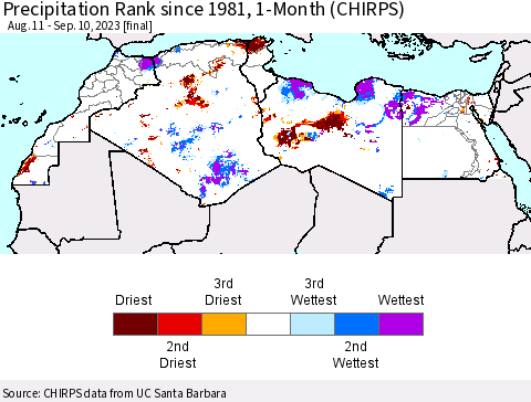 North Africa Precipitation Rank since 1981, 1-Month (CHIRPS) Thematic Map For 8/11/2023 - 9/10/2023