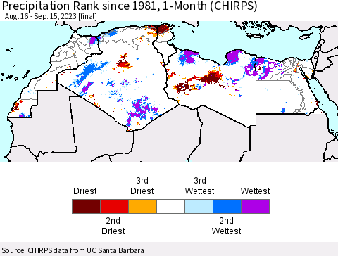 North Africa Precipitation Rank since 1981, 1-Month (CHIRPS) Thematic Map For 8/16/2023 - 9/15/2023