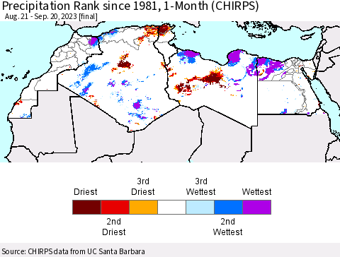 North Africa Precipitation Rank since 1981, 1-Month (CHIRPS) Thematic Map For 8/21/2023 - 9/20/2023