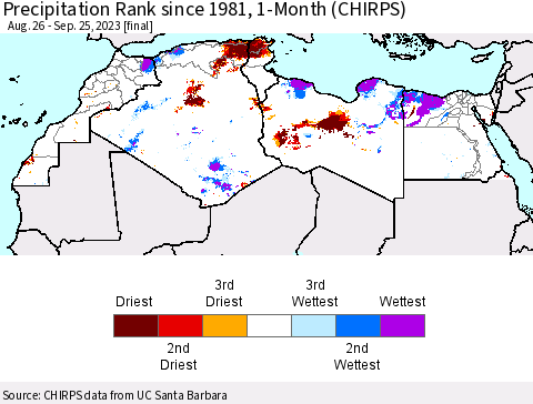 North Africa Precipitation Rank since 1981, 1-Month (CHIRPS) Thematic Map For 8/26/2023 - 9/25/2023