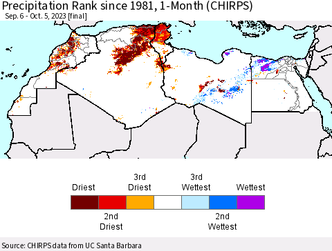 North Africa Precipitation Rank since 1981, 1-Month (CHIRPS) Thematic Map For 9/6/2023 - 10/5/2023