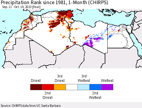 North Africa Precipitation Rank since 1981, 1-Month (CHIRPS) Thematic Map For 9/11/2023 - 10/10/2023