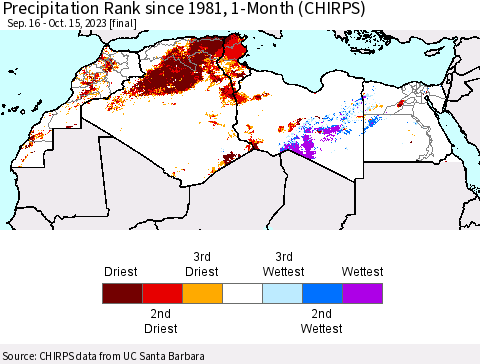 North Africa Precipitation Rank since 1981, 1-Month (CHIRPS) Thematic Map For 9/16/2023 - 10/15/2023