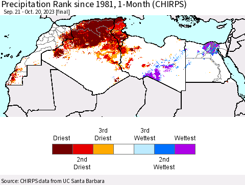 North Africa Precipitation Rank since 1981, 1-Month (CHIRPS) Thematic Map For 9/21/2023 - 10/20/2023
