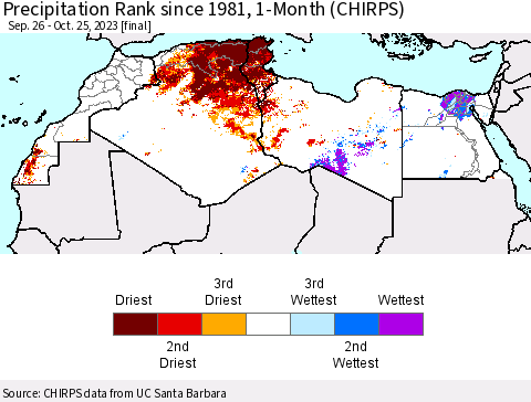 North Africa Precipitation Rank since 1981, 1-Month (CHIRPS) Thematic Map For 9/26/2023 - 10/25/2023