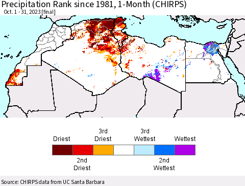 North Africa Precipitation Rank since 1981, 1-Month (CHIRPS) Thematic Map For 10/1/2023 - 10/31/2023