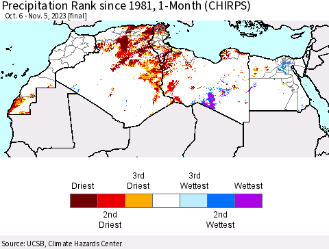 North Africa Precipitation Rank since 1981, 1-Month (CHIRPS) Thematic Map For 10/6/2023 - 11/5/2023