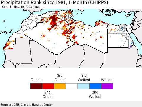 North Africa Precipitation Rank since 1981, 1-Month (CHIRPS) Thematic Map For 10/11/2023 - 11/10/2023
