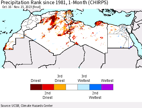North Africa Precipitation Rank since 1981, 1-Month (CHIRPS) Thematic Map For 10/16/2023 - 11/15/2023