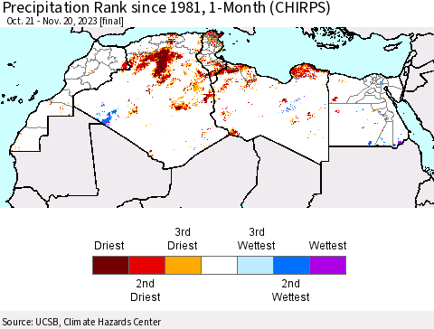 North Africa Precipitation Rank since 1981, 1-Month (CHIRPS) Thematic Map For 10/21/2023 - 11/20/2023