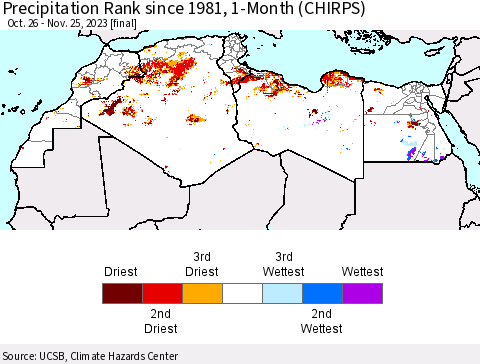 North Africa Precipitation Rank since 1981, 1-Month (CHIRPS) Thematic Map For 10/26/2023 - 11/25/2023