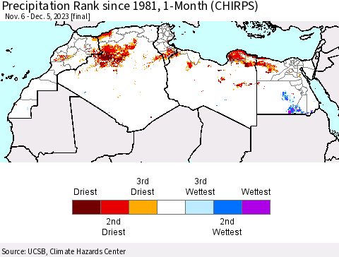 North Africa Precipitation Rank since 1981, 1-Month (CHIRPS) Thematic Map For 11/6/2023 - 12/5/2023