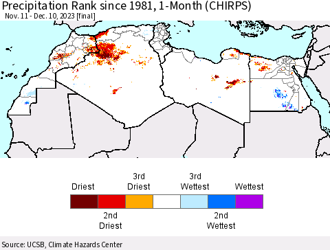 North Africa Precipitation Rank since 1981, 1-Month (CHIRPS) Thematic Map For 11/11/2023 - 12/10/2023