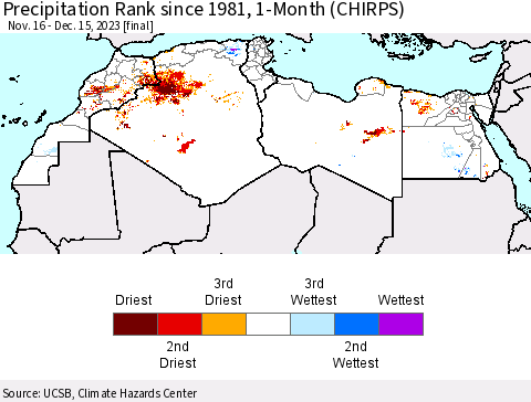 North Africa Precipitation Rank since 1981, 1-Month (CHIRPS) Thematic Map For 11/16/2023 - 12/15/2023