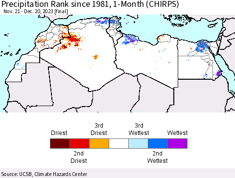 North Africa Precipitation Rank since 1981, 1-Month (CHIRPS) Thematic Map For 11/21/2023 - 12/20/2023