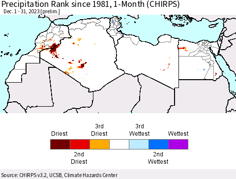 North Africa Precipitation Rank since 1981, 1-Month (CHIRPS) Thematic Map For 12/1/2023 - 12/31/2023