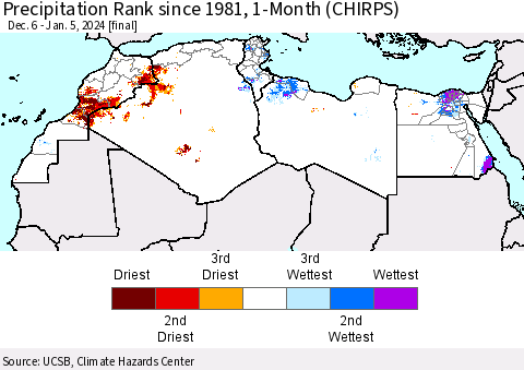 North Africa Precipitation Rank since 1981, 1-Month (CHIRPS) Thematic Map For 12/6/2023 - 1/5/2024
