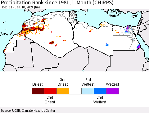 North Africa Precipitation Rank since 1981, 1-Month (CHIRPS) Thematic Map For 12/11/2023 - 1/10/2024