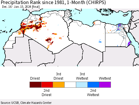 North Africa Precipitation Rank since 1981, 1-Month (CHIRPS) Thematic Map For 12/16/2023 - 1/15/2024
