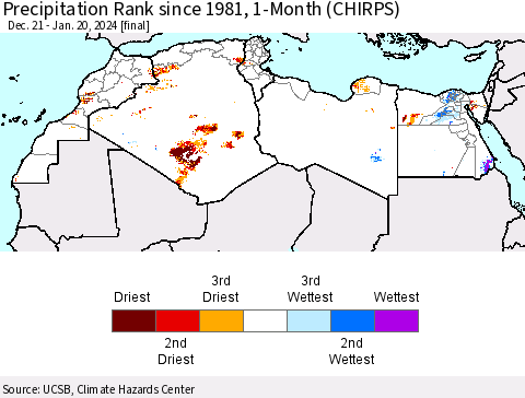 North Africa Precipitation Rank since 1981, 1-Month (CHIRPS) Thematic Map For 12/21/2023 - 1/20/2024