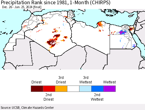 North Africa Precipitation Rank since 1981, 1-Month (CHIRPS) Thematic Map For 12/26/2023 - 1/25/2024